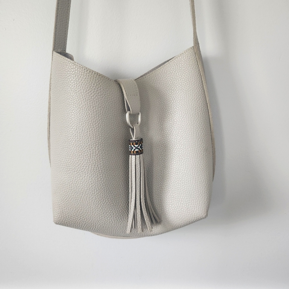 Gray Leather Crossbody Bag with Tassel Accent
